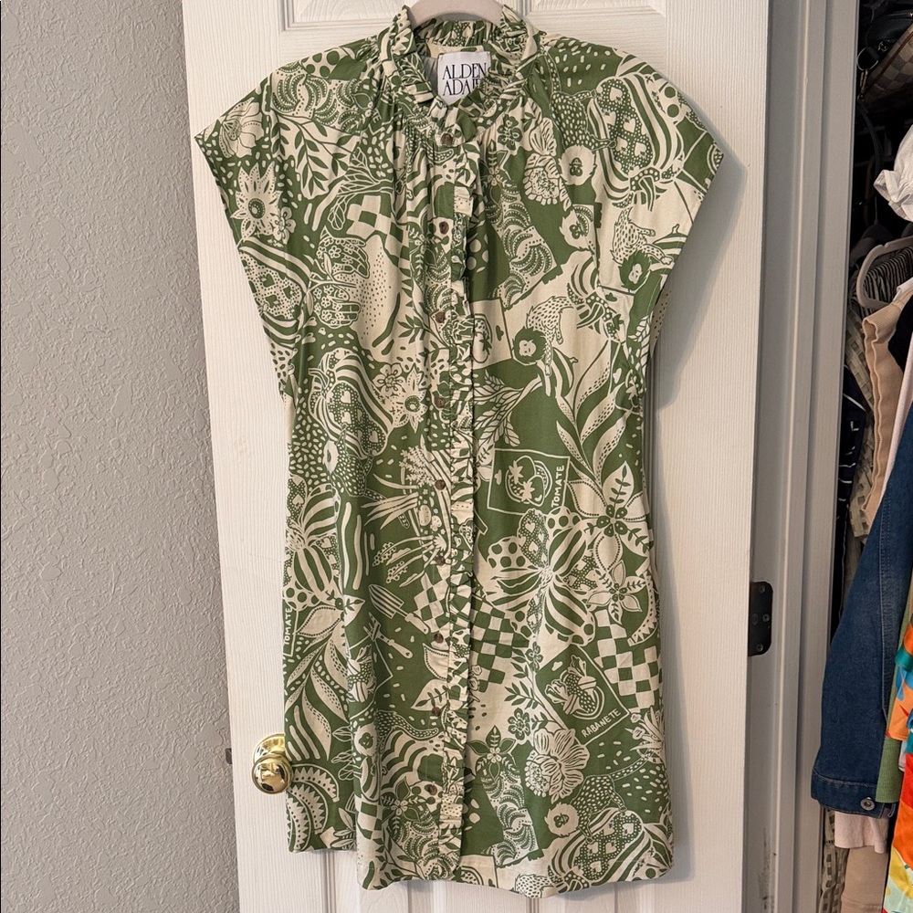 Alden Adair Green & Cream Printed Mini Shirt Dress